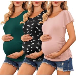 imageEkouaer Womens Maternity Shirts 3 Packs Flying Short Sleeve Pregnancy Tops Side Ruched Tunic Blouse Mama Clothes SXXLPink  Floral Black  Lake Green3pcs