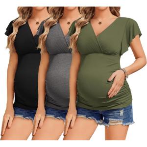imageEkouaer Womens Maternity Shirts 3 Packs Nursing Tops Flying Short Sleeve Breastfeeding Tees Side Ruched Pregnancy ClothesBlack  Dark Grey  Army Green3pcs
