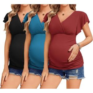 imageEkouaer Womens Maternity Shirts 3 Packs Nursing Tops Flying Short Sleeve Breastfeeding Tees Side Ruched Pregnancy ClothesBlack  Lake Blue  Wine Red3pcs