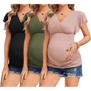 imageEkouaer Womens Maternity Shirts 3 Packs Nursing Tops Flying Short Sleeve Breastfeeding Tees Side Ruched Pregnancy ClothesBlack  Pink  Army Green3pcs