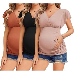 imageEkouaer Womens Maternity Shirts 3 Packs Nursing Tops Flying Short Sleeve Breastfeeding Tees Side Ruched Pregnancy ClothesBlack  Pink  Caramel3pcs