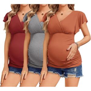 imageEkouaer Womens Maternity Shirts 3 Packs Nursing Tops Flying Short Sleeve Breastfeeding Tees Side Ruched Pregnancy ClothesCaramel  Grey  Wine Red3pcs