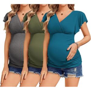 imageEkouaer Womens Maternity Shirts 3 Packs Nursing Tops Flying Short Sleeve Breastfeeding Tees Side Ruched Pregnancy ClothesDark Grey  Army Green  Blue Green3pcs