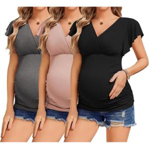imageEkouaer Womens Maternity Shirts 3 Packs Nursing Tops Flying Short Sleeve Breastfeeding Tees Side Ruched Pregnancy ClothesDark Grey  Pink  Black 3pcs