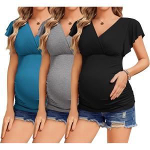 imageEkouaer Womens Maternity Shirts 3 Packs Nursing Tops Flying Short Sleeve Breastfeeding Tees Side Ruched Pregnancy ClothesLake Blue  Grey  Black3pcs