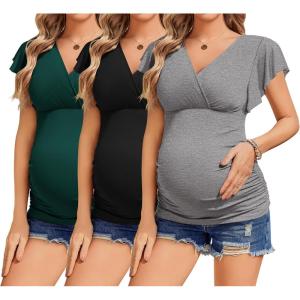 imageEkouaer Womens Maternity Shirts 3 Packs Nursing Tops Flying Short Sleeve Breastfeeding Tees Side Ruched Pregnancy ClothesLake Green  Black  Grey3pcs