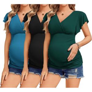 imageEkouaer Womens Maternity Shirts 3 Packs Nursing Tops Flying Short Sleeve Breastfeeding Tees Side Ruched Pregnancy ClothesLake Green  Black  Lake Blue3pcs