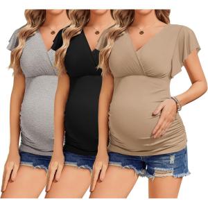 imageEkouaer Womens Maternity Shirts 3 Packs Nursing Tops Flying Short Sleeve Breastfeeding Tees Side Ruched Pregnancy ClothesLight Grey  Black  Khaki3pcs