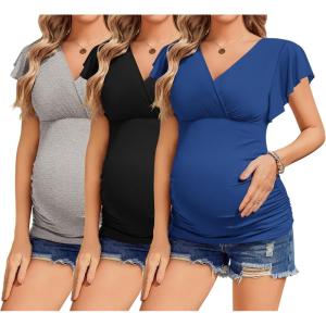 imageEkouaer Womens Maternity Shirts 3 Packs Nursing Tops Flying Short Sleeve Breastfeeding Tees Side Ruched Pregnancy ClothesLight Grey  Black  Navy3pcs