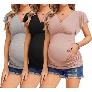 imageEkouaer Womens Maternity Shirts 3 Packs Nursing Tops Flying Short Sleeve Breastfeeding Tees Side Ruched Pregnancy ClothesLight Grey  Black  Pink3pcs