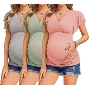 imageEkouaer Womens Maternity Shirts 3 Packs Nursing Tops Flying Short Sleeve Breastfeeding Tees Side Ruched Pregnancy ClothesLight Grey  Light Green  Orange Pink3pcs