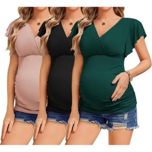 imageEkouaer Womens Maternity Shirts 3 Packs Nursing Tops Flying Short Sleeve Breastfeeding Tees Side Ruched Pregnancy ClothesPink  Black  Lake Green3pcs