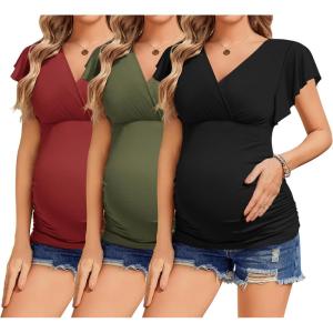 imageEkouaer Womens Maternity Shirts 3 Packs Nursing Tops Flying Short Sleeve Breastfeeding Tees Side Ruched Pregnancy ClothesWine Red  Army Green  Black3pcs