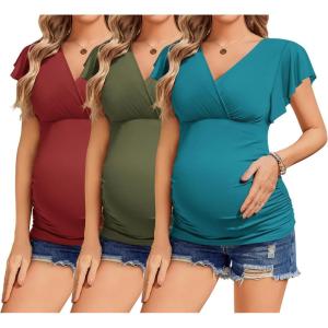 imageEkouaer Womens Maternity Shirts 3 Packs Nursing Tops Flying Short Sleeve Breastfeeding Tees Side Ruched Pregnancy ClothesWine Red  Army Green  Teal3pcs