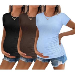 imageEkouaer Womens Maternity Shirts 3 Packs Round Neck Short Sleeve Side Ruched Swiss Dot T Shirt Tops SXXLBlackCoffeeLight Blue