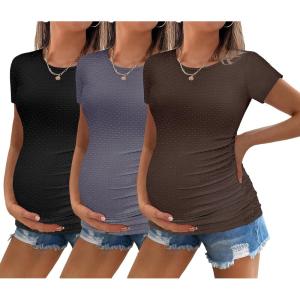 imageEkouaer Womens Maternity Shirts 3 Packs Round Neck Short Sleeve Side Ruched Swiss Dot T Shirt Tops SXXLBlackDark GreyCoffee
