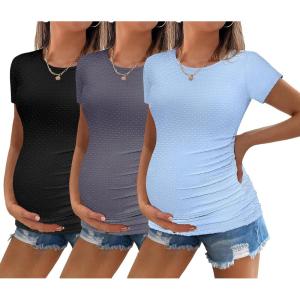 imageEkouaer Womens Maternity Shirts 3 Packs Round Neck Short Sleeve Side Ruched Swiss Dot T Shirt Tops SXXLBlackDark GreyLight Blue