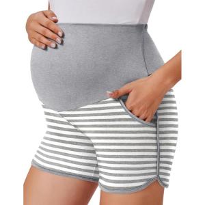 imageEkouaer Womens Maternity Shorts Over The Belly Pregnancy Lounge Summer Workout Running Pajama Sleep Short with Pockets SXXLHeather Grey White Stripe
