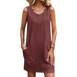 imageEkouaer Womens Nightgown Sleeveless Nightgowns for Women with Pocekts Tank Dress Crew Neck Sleepwear SXXLWine Red