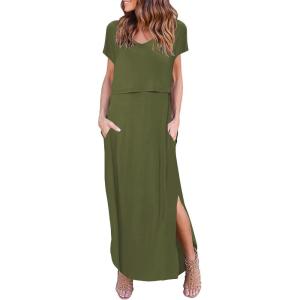 imageEkouaer Womens Nursing Dress Summer V Neck Short Sleeve Maternity Split Long Dresses for Breastfeeding with Pockets SXXLArmy Green