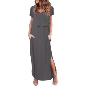imageEkouaer Womens Nursing Dress Summer V Neck Short Sleeve Maternity Split Long Dresses for Breastfeeding with Pockets SXXLDark Grey