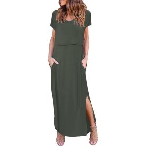 imageEkouaer Womens Nursing Dress Summer V Neck Short Sleeve Maternity Split Long Dresses for Breastfeeding with Pockets SXXLGreen
