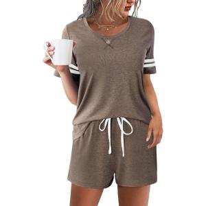 imageEkouaer Womens Pajama Sets Short Sleeve Short Sets 2 Piece Sleepwear Soft Lounge Sets with PocketSXXLBrown