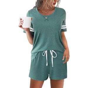 imageEkouaer Womens Pajama Sets Short Sleeve Short Sets 2 Piece Sleepwear Soft Lounge Sets with PocketSXXLGray Green