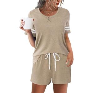 imageEkouaer Womens Pajama Sets Short Sleeve Short Sets 2 Piece Sleepwear Soft Lounge Sets with PocketSXXLKhaki