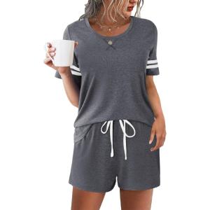 imageEkouaer Womens Pajama Sets Short Sleeve Short Sets 2 Piece Sleepwear Soft Lounge Sets with PocketSXXLMedium Grey