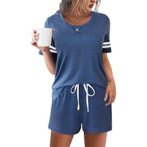 imageEkouaer Womens Pajama Sets Short Sleeve Short Sets 2 Piece Sleepwear Soft Lounge Sets with PocketSXXLNavy Blue