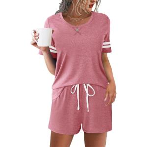 imageEkouaer Womens Pajama Sets Short Sleeve Short Sets 2 Piece Sleepwear Soft Lounge Sets with PocketSXXLOld Rose