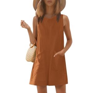 imageEkouaer Womens Romper Summer Sleeveless Jumpsuit Casual Short Overalls with Pocket 2025Light Brown