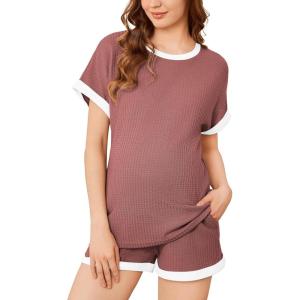 imageEkouaer Womens Waffle Knit Maternity Pajamas 2 Piece Outfits Short Sleeve Tops and Shorts Loungewear Set Pregnancy ClothesBurgundy