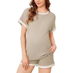 imageEkouaer Womens Waffle Knit Maternity Pajamas 2 Piece Outfits Short Sleeve Tops and Shorts Loungewear Set Pregnancy ClothesNude