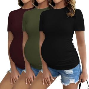 imageEkouaer Womens Maternity Shirts Short Sleeve 3 Packs Crew Neck Pregnancy Tee Tops Tunic Blouse Soft Mama Clothes SXXL3pcs Black  Burgundy Red Army Green