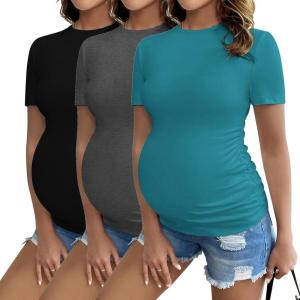 imageEkouaer Womens Maternity Shirts Short Sleeve 3 Packs Crew Neck Pregnancy Tee Tops Tunic Blouse Soft Mama Clothes SXXL3pcs Black  Dark Grey  Teal