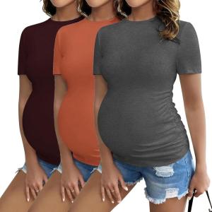 imageEkouaer Womens Maternity Shirts Short Sleeve 3 Packs Crew Neck Pregnancy Tee Tops Tunic Blouse Soft Mama Clothes SXXL3pcs Burgundy Red  Caramel  Dark Grey