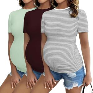 imageEkouaer Womens Maternity Shirts Short Sleeve 3 Packs Crew Neck Pregnancy Tee Tops Tunic Blouse Soft Mama Clothes SXXL3pcs Burgundy Red  Light Green  Grey Stripe