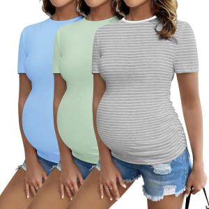 imageEkouaer Womens Maternity Shirts Short Sleeve 3 Packs Crew Neck Pregnancy Tee Tops Tunic Blouse Soft Mama Clothes SXXL3pcs Light Grey  Light Blue  Grey Stripe