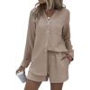 imageEkouaer Summer Outfits for Women 2 Piece Sets Lounge Sets V Neck Button Down Shirt and Shorts Loungewear with PocketsBeige