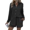 imageEkouaer Summer Outfits for Women 2 Piece Sets Lounge Sets V Neck Button Down Shirt and Shorts Loungewear with PocketsBlack