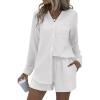 imageEkouaer Summer Outfits for Women 2 Piece Sets Lounge Sets V Neck Button Down Shirt and Shorts Loungewear with PocketsWhite