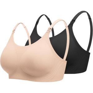 imageEkouaer Nursing Bras for Breastfeeding Ribbed Seamless Ultra Comfort Maternity Bralette Wireless Pregnancy Sleep BraBlackBeige