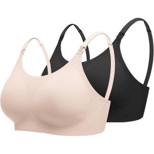 imageEkouaer Nursing Bras for Breastfeeding Ribbed Seamless Ultra Comfort Maternity Bralette Wireless Pregnancy Sleep BraBlackCream