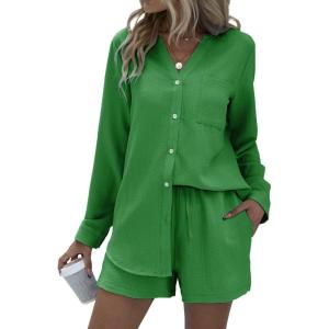 imageEkouaer Summer Outfits for Women 2 Piece Sets Lounge Sets V Neck Button Down Shirt and Shorts Loungewear with PocketsAgreen