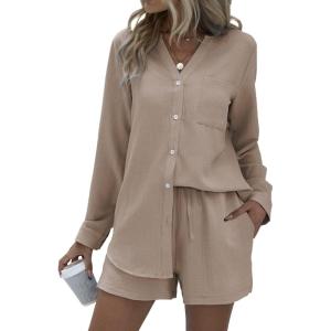 imageEkouaer Summer Outfits for Women 2 Piece Sets Lounge Sets V Neck Button Down Shirt and Shorts Loungewear with PocketsBeige