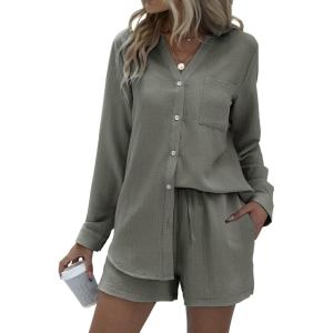 imageEkouaer Summer Outfits for Women 2 Piece Sets Lounge Sets V Neck Button Down Shirt and Shorts Loungewear with PocketsDark Army Green