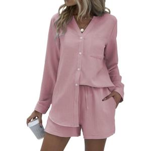imageEkouaer Summer Outfits for Women 2 Piece Sets Lounge Sets V Neck Button Down Shirt and Shorts Loungewear with PocketsPink