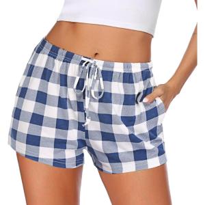 imageEkouaer Women Pajama Shorts Comfy Lounge Bottom with Pockets Stretch Strip Sleepwear Drawstring Pj Bottoms Sleep ShortsBlue White Plaid